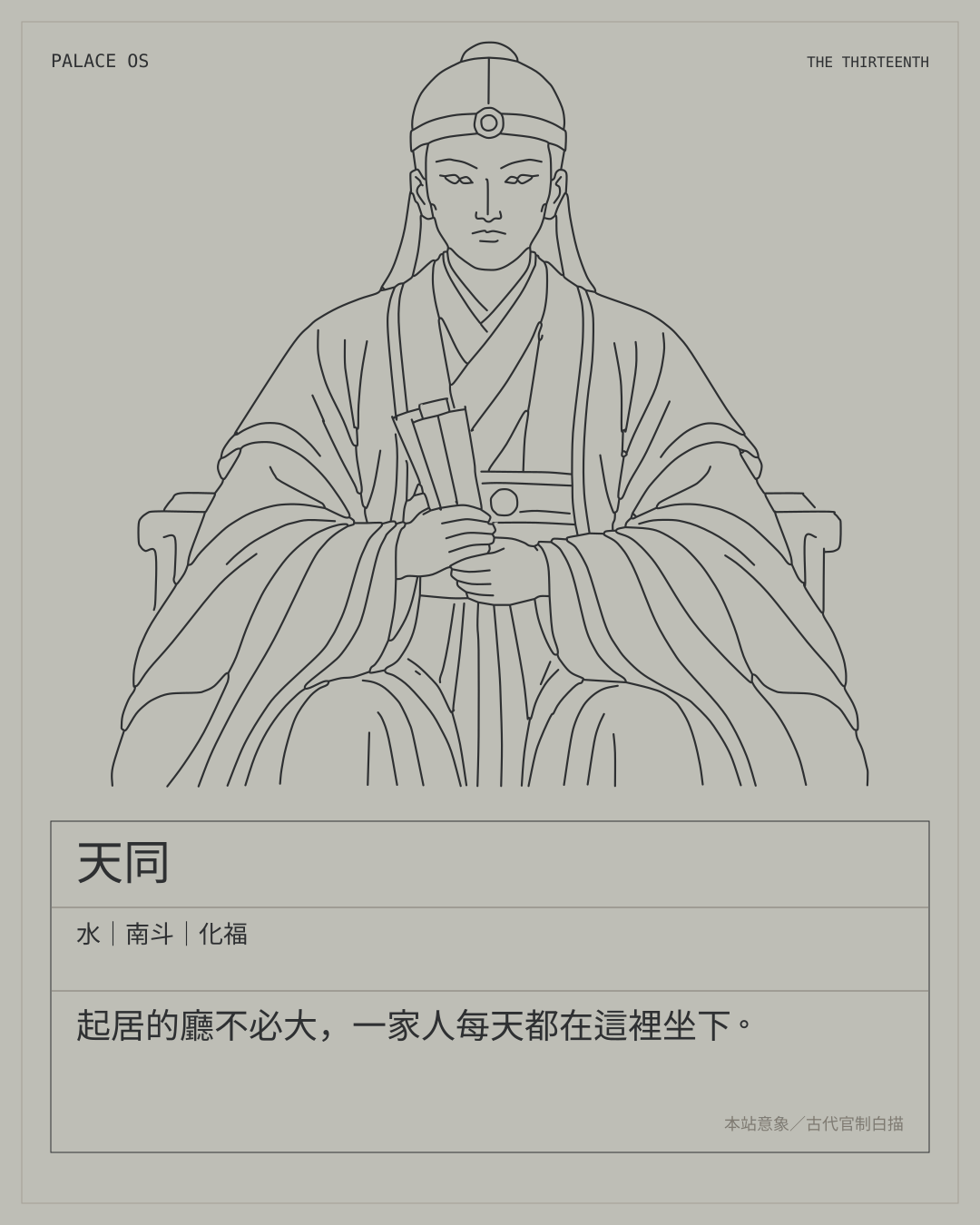 天同星曜圖卡：水｜南斗｜化福。起居的廳不必大，一家人每天都在這裡坐下。